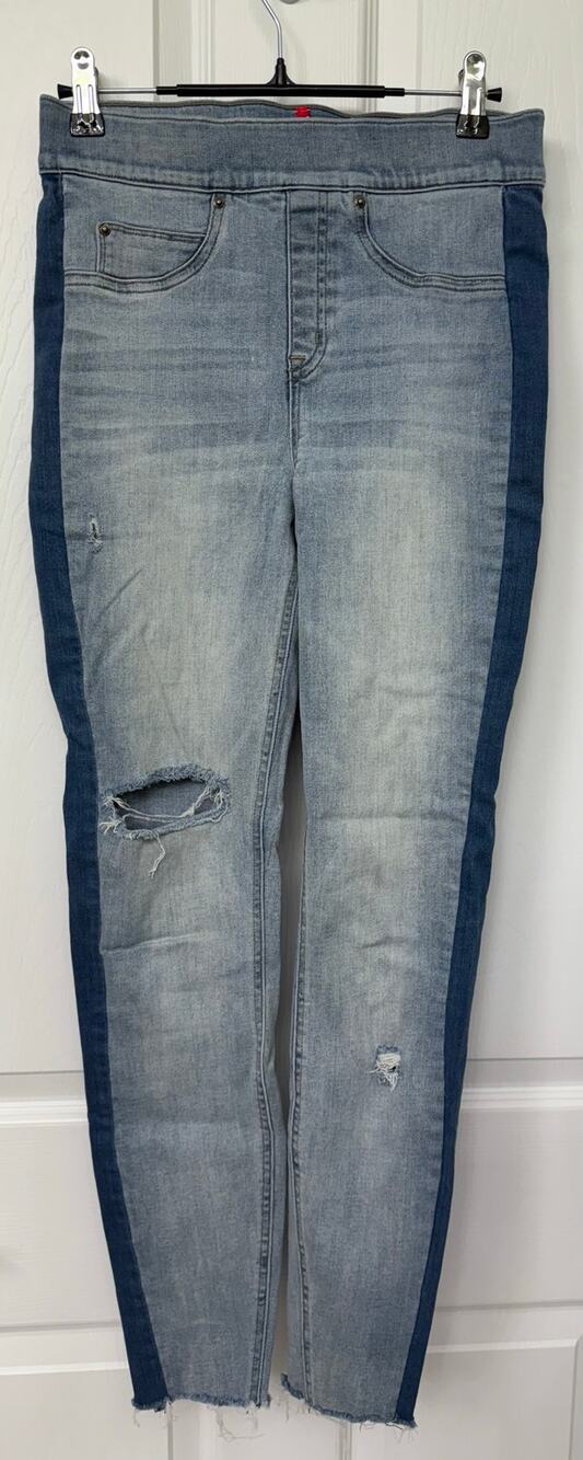 Spanx pull on denim dark stripe down leg small distressed knee raw hem